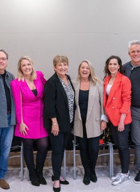 (left to right) James Elliot of the Belmont University Songwriting Department; Jody Williams, found of Jody Williams songs; Lindsey Liepman of Cindy Walker Foundation (CWF); Cindy Walker's niece Molly Walker; 2023 SHOF Inductee Liz Rose; Fancy Mills Knebel, CWF Board Member and Walker family member; Fletcher Foster, SHOF Board Member and Chairman of SHOF Nashville Committee; Drew Ramsey of Belmont University Songwriting Department. 