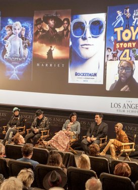 (left to right) - Variety's Jon Burlingame with host Paul Williams and Oscar Nominees Diane Warren, Bernie Taupin, Kristen Anderson-Lopez, Robert Lopez and Cynthia Erivo 