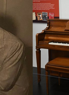 SHOF Inductee Irving Berlin (left) and his transposing piano upright piano.