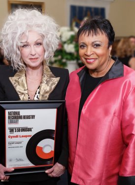 Dr. Carla Hayden, Librarian of Congress, presents Cyndi Lauper with her National Recording Registry certificate for “She’s So Unusual”, inducted as part of the newly announced Registry “Class of 2018”.