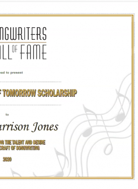 SHOF Songwriters of Tomorrow Scholarship Certificate