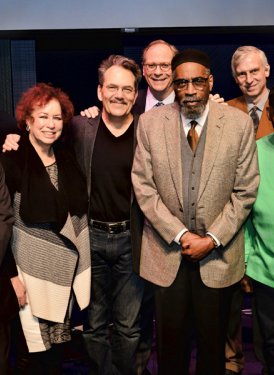 NYU's Ron Sadoff, SHOF Board Member John Titta, SHOF SVP/BMI President/CEO Mike O'Neill, SHOF Board Member Karen Sherry, NYU's Phil Galdston, SHOF Board Member Charlie Feldman, Kenneth Gamble, NYU's Robert Rowe, Leon Huff, SHOF President/CEO Linda Moran and SHOF Board Member Robbin Ahrold. Photos by April Anderson