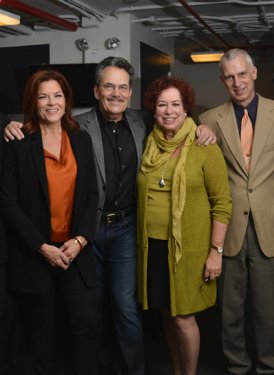 (left to right) SHOF Senior Vice President/BMI President & CEO Mike O'Neill, Danny Kahn, Rosanne Cash, Phil Galdston, SHOF Board Member and Education Committee Chair Karen Sherry, NYU's Robert Rowe & Dr. Ron Sadoff and SHOF Board Member John Titta.