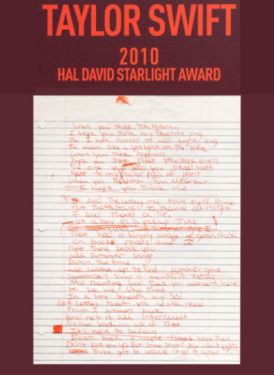 Original lyrics from SHOF Hal David Starlight Award honoree Taylor Swift.
