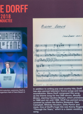 SHOF Inductee and Board Member Steve Dorff (pictured right) and his artifacts on display, which includes the original sheet music to his song “Cowboys and Clowns.” 